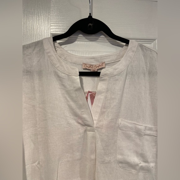 NWT Coastal Comfort Size XXL White Linen Blend Split Neck Short Sleeve Top - Picture 4 of 14